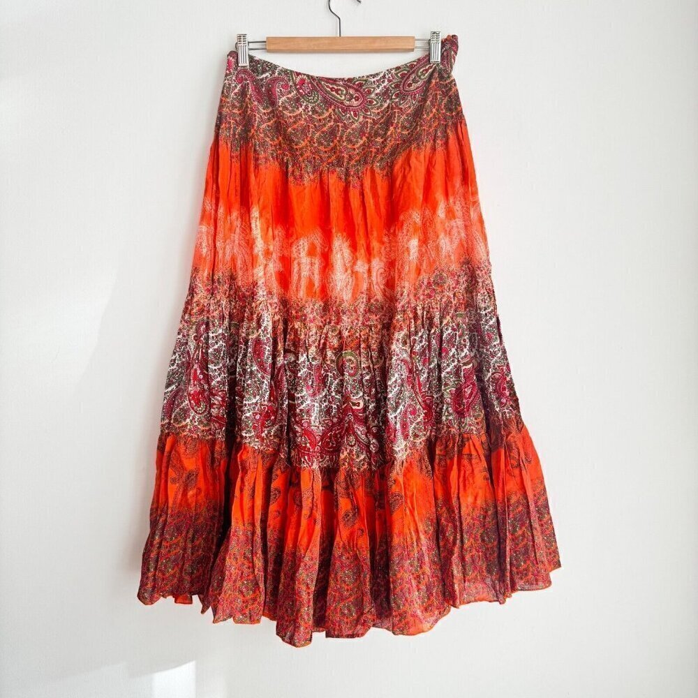 Vintage Zara TRF Ethnic Batik Boho Print Sequin Detail Midi Skirt M